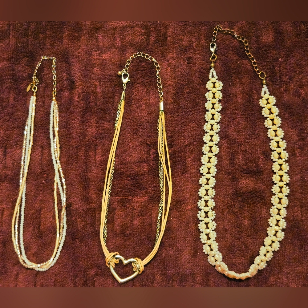 3 Chokers Necklaces Light Pink, White, Beads, Silver Heart, Adjustable Lengths